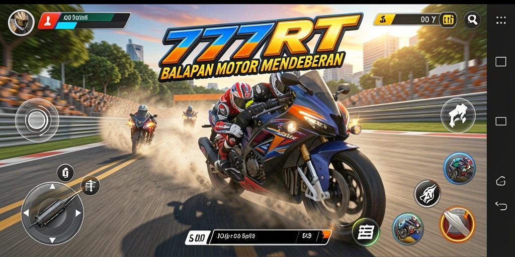 Screenshot gameplay 777RT menampilkan aksi balapan motor yang intense.