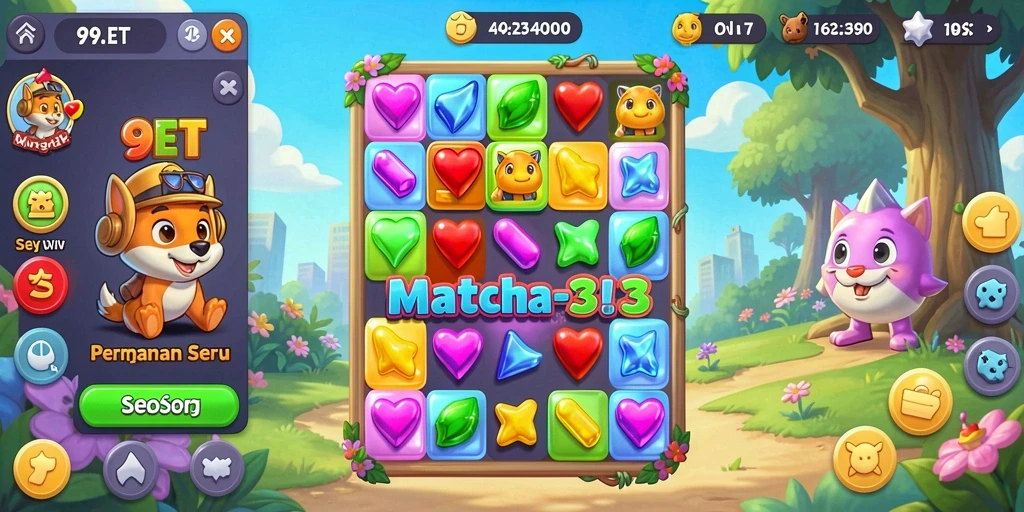 Screenshot menampilkan gameplay <strong>9ET</strong> dengan permata berwarna-warni dalam aksi.