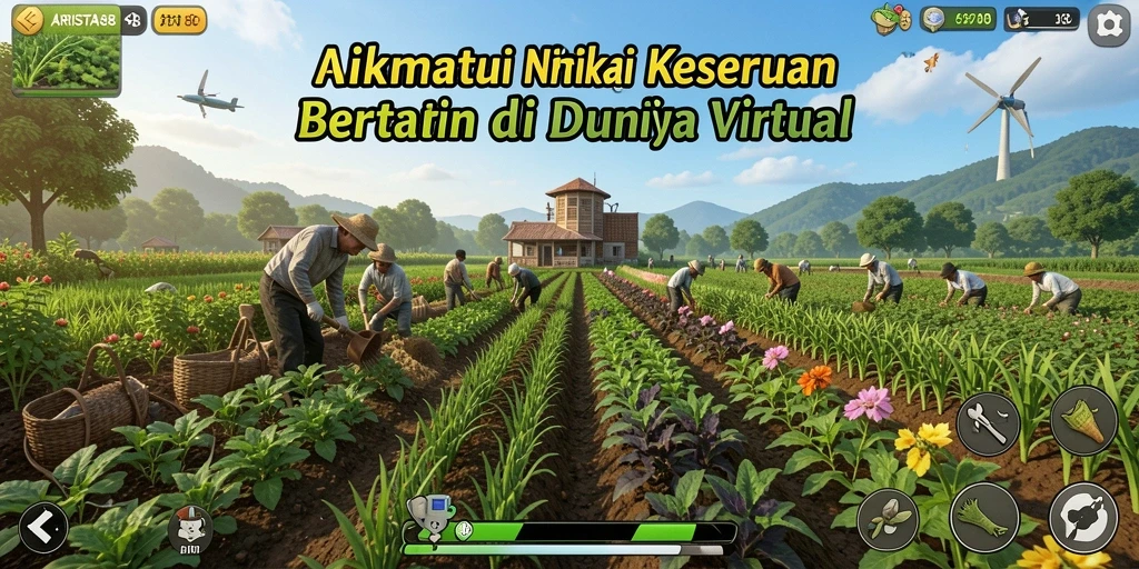 Tampilan screenshot utama ARISTA88 menampilkan aktivitas bertani yang seru dan penuh warna.