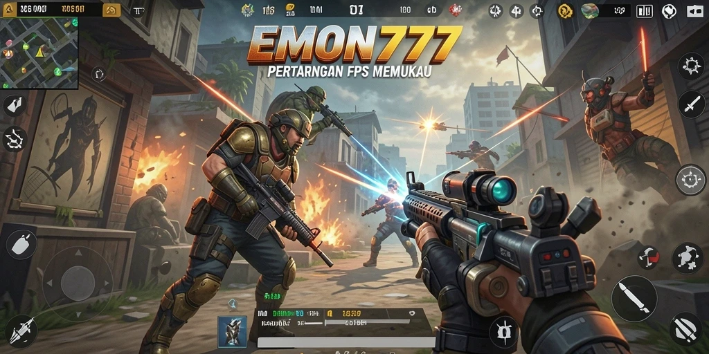 Screenshot utama EMON777 menampilkan aksi gameplay FPS yang mendebarkan.