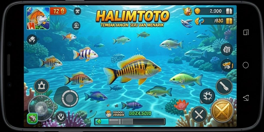 Tampilan gameplay seru di HALIMTOTO dengan ikan berwarna-warni.