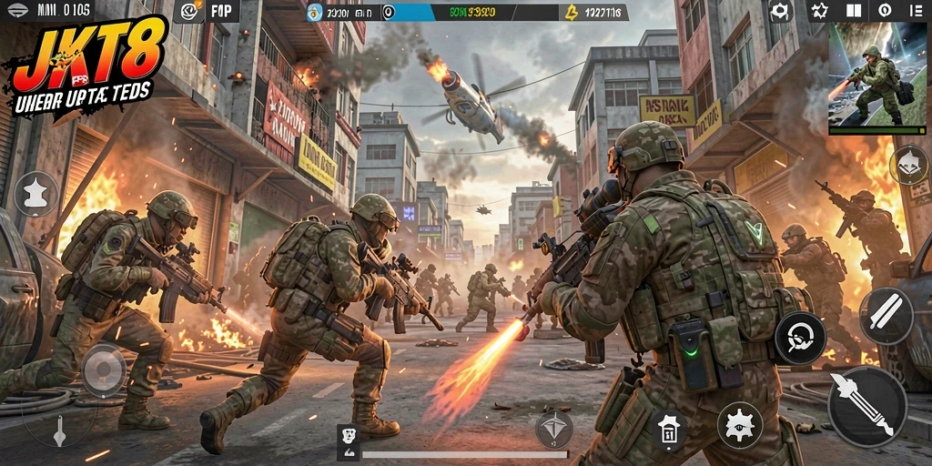 Gameplay JKT8 menampilkan pertarungan FPS yang penuh aksi.