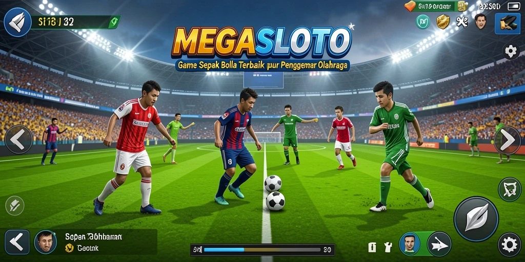 Tangkapan layar gameplay MEGASLOTO menampilkan aksi mendebarkan di lapangan sepak bola.