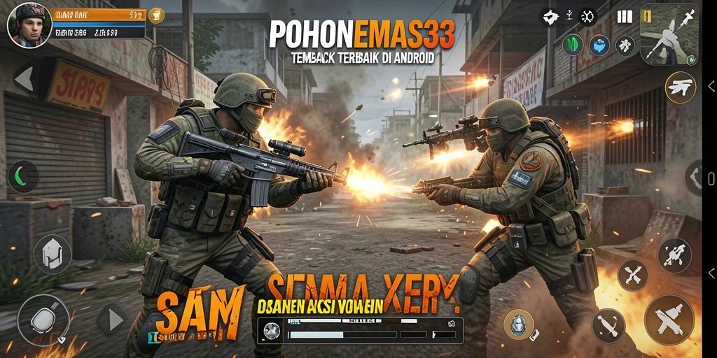 Screenshot menampilkan aksi tembak-menembak mendebarkan dalam POHONEMAS33.