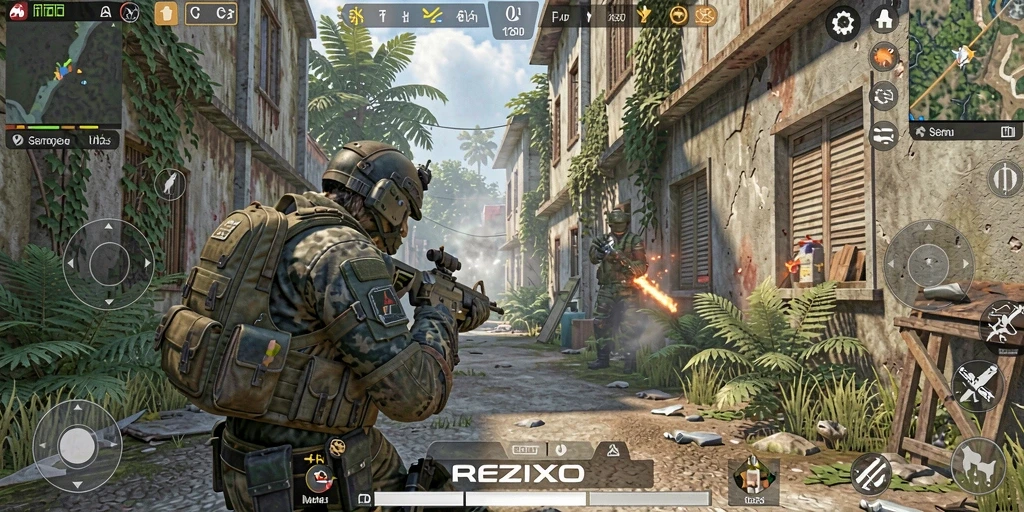 Screenshot gameplay seru dari REZIXO, menunjukkan aksi tembak-menembak yang intens.
