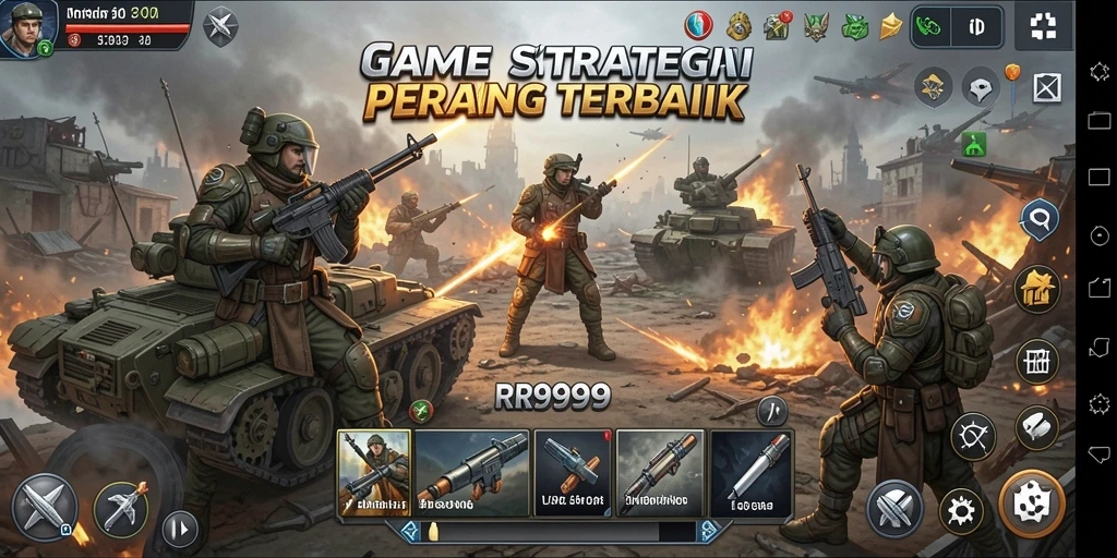 Screenshot utama RR999 menunjukkan momen pertempuran epik di dunia SLG.