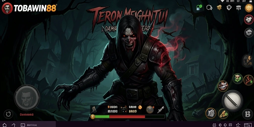 Tampilan gameplay menakutkan di TOBAWIN88 dengan suasana Horror yang mencekam.